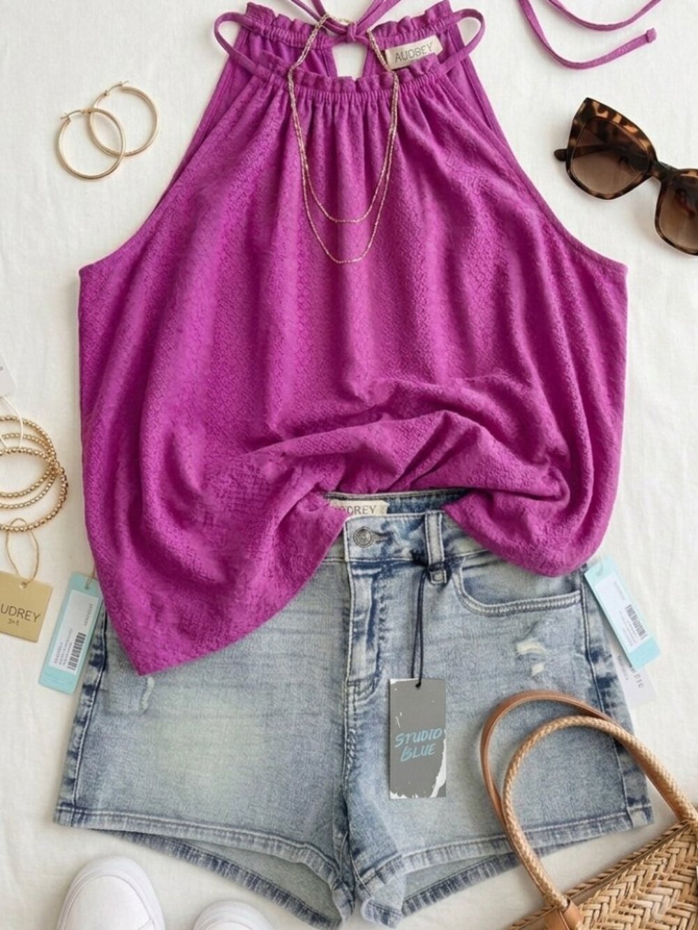 Knox Rose Magenta Textured Halter Tank Top Tie Back Sleeveless Boho Large